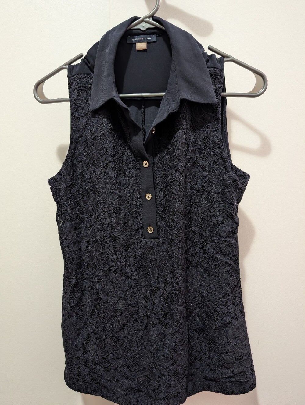 Tommy Hilfiger Navy Floral Lace Sleeveless Collared Tank